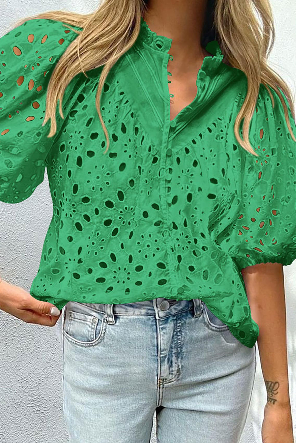 White Flower Embroidered Hollow-out Puff Sleeve Blouse